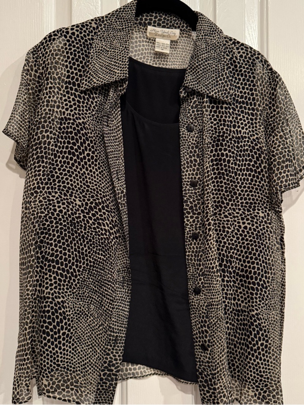 New York Design Co. Silk Black Sheer Printed Button Shirt &Tank Size M